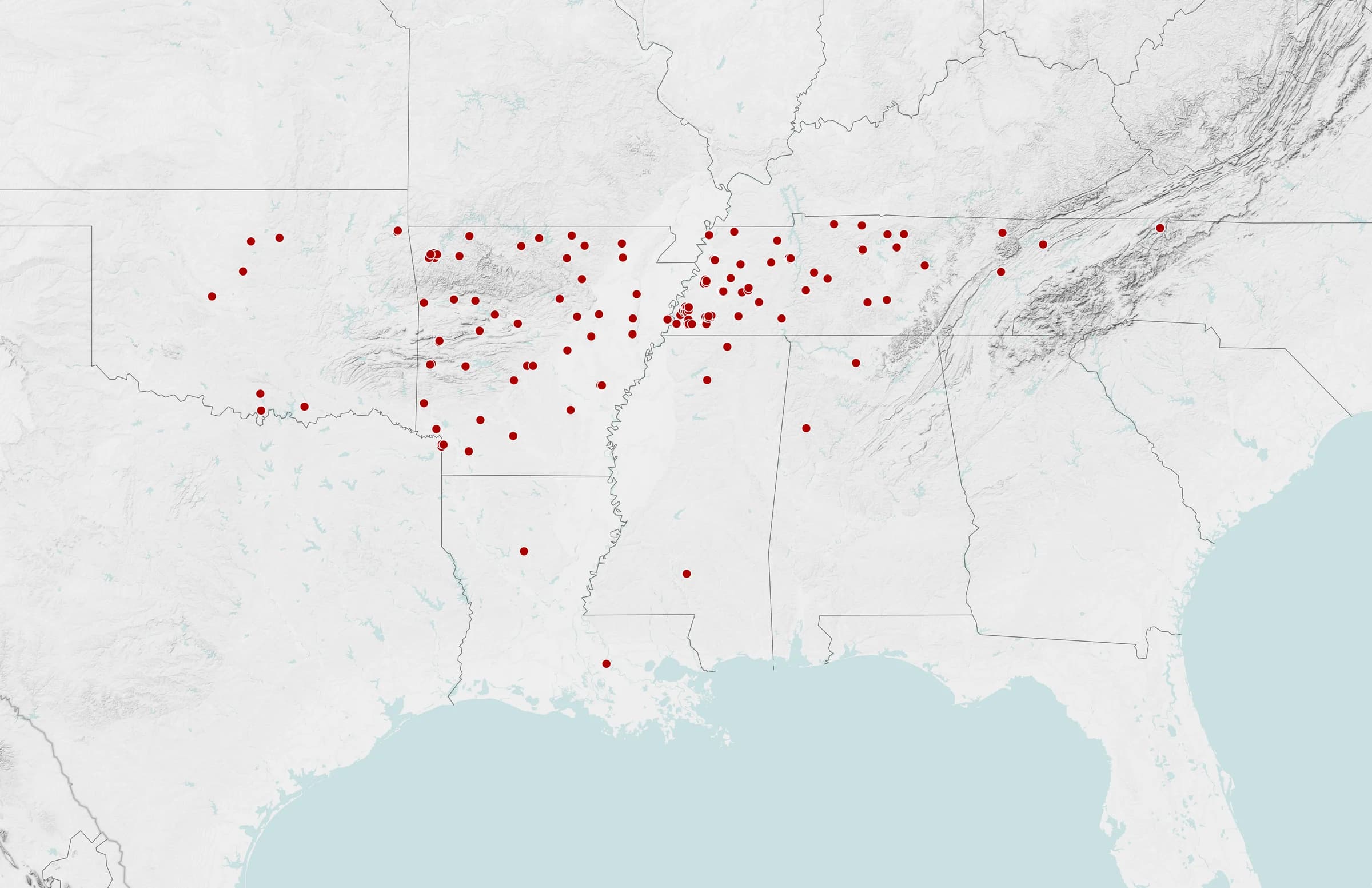 Map showing justice project experience across Tennessee, Arkansas, Oklahoma, Louisiana, Mississippi, Alabama and the surrounding region